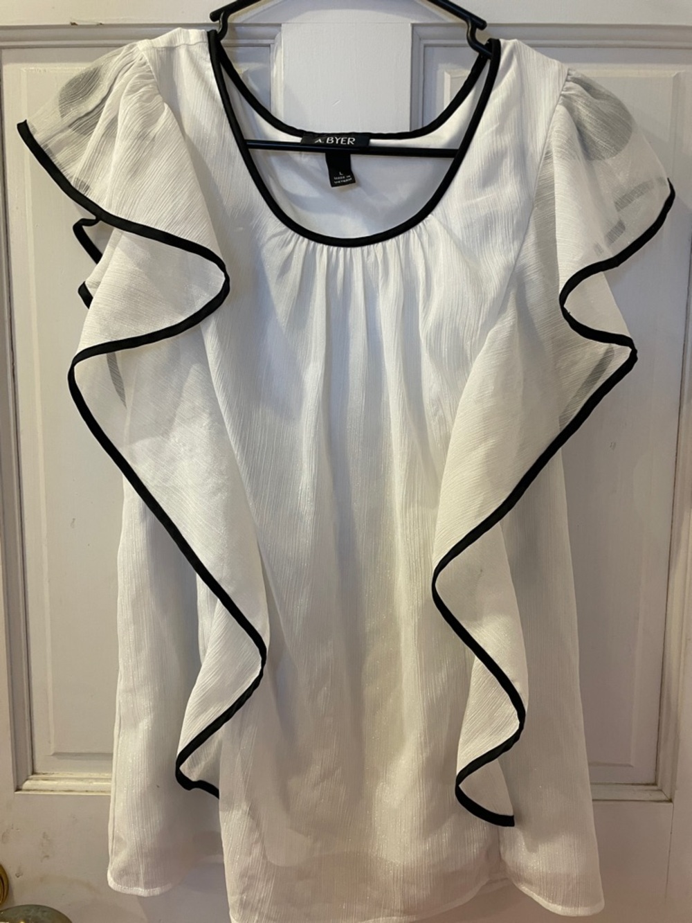 A. Byer White Ruffle Sleeve Blouse with Black Trim